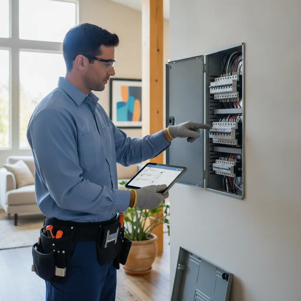 Electrician inspecting a home electrical panel with a report in Murrieta, CA
