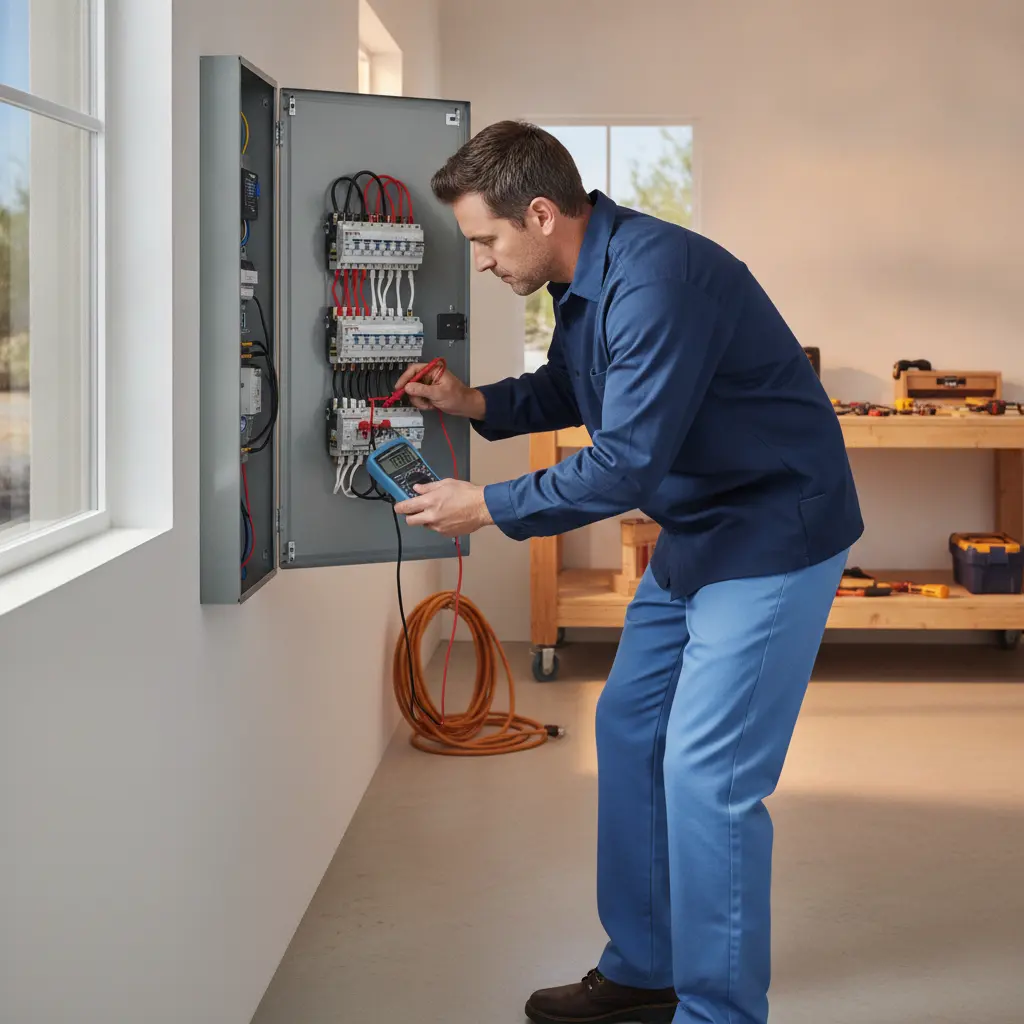 Licensed electrician troubleshooting a circuit breaker panel in Murrieta, CA