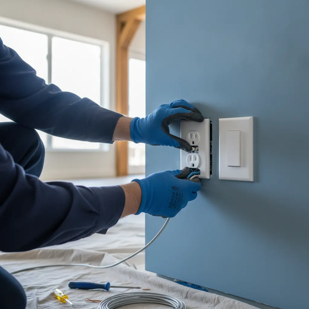 Electrician installing a ceiling fan in a Murrieta, CA bedroom