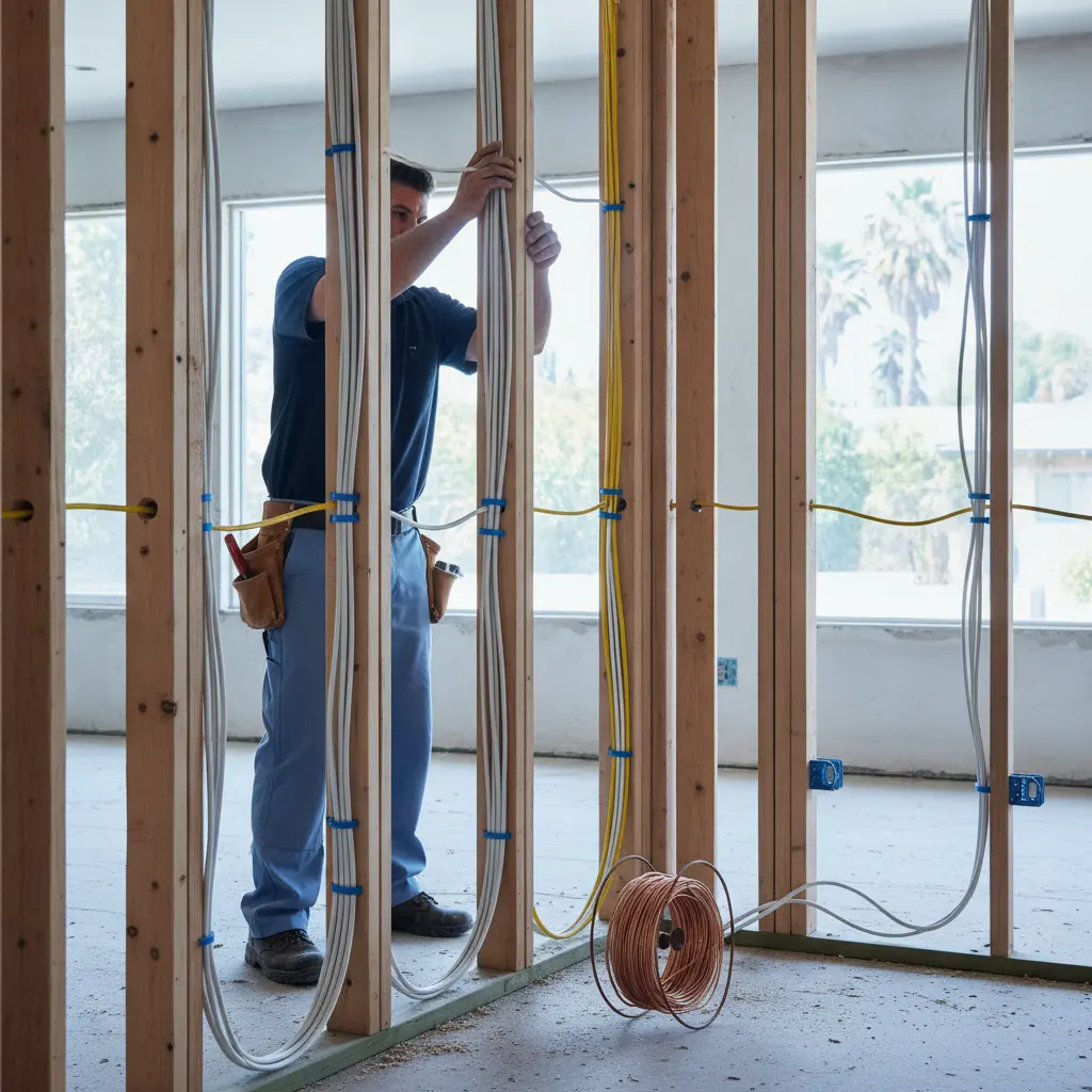 Electrician rewiring an older home with new copper wiring in Murrieta, CA